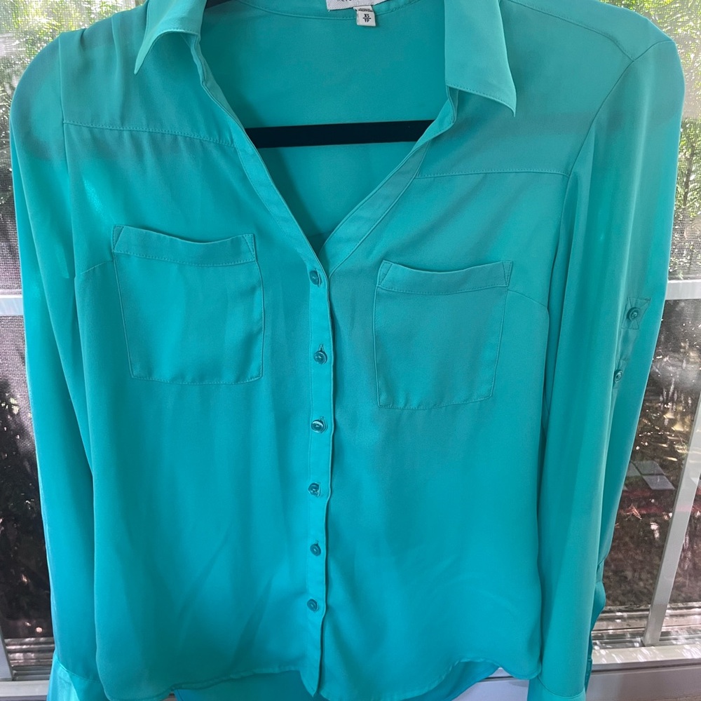 Express Blue Long Sleeve Button Down Blouse